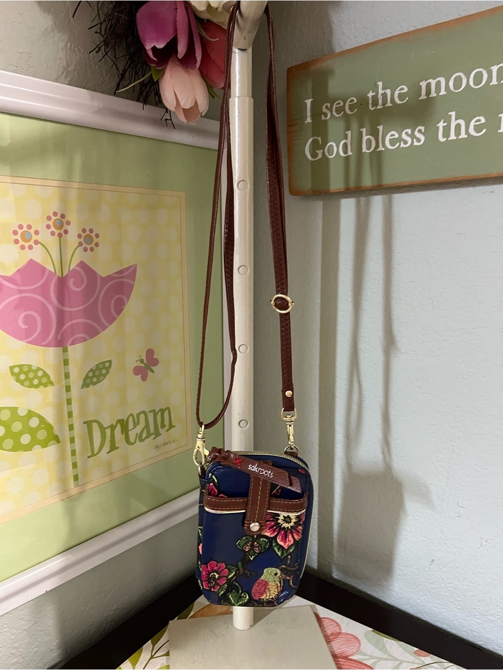 Sakroots Navy Floral Crossbody Phone Pouch with Brown Strap